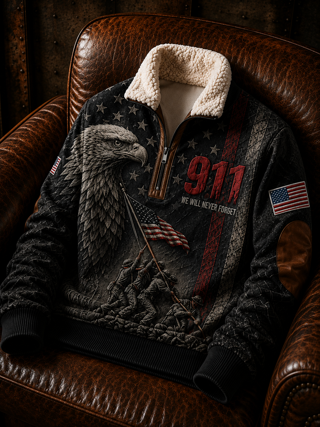 Men's U.S. 9.11 Never Forget Jacquard Fabric Zipper Fur Collar Long Sleeve Coat